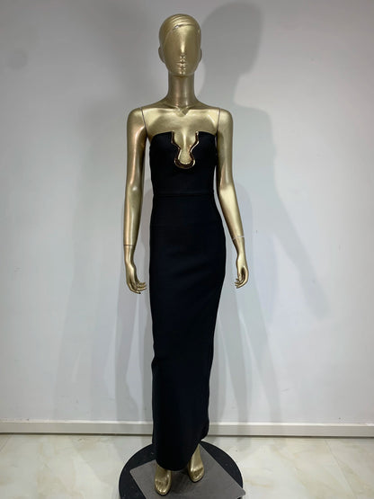 Ladies Women Celebrity Sexy Strapless Backless Black Maxi Long Bodycon Bandage Dress 2025 Elegant Evening Club Party Outfit