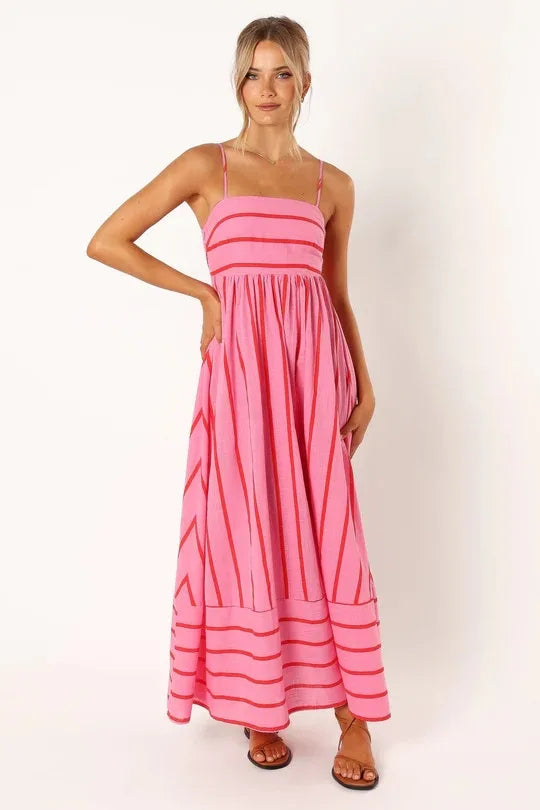 Fashion Stripe Slip Maxi Dress Women 2024 New Elegant Sleeveless Slash Neck Suspender Beach Dress Females Holiday Party Vestidos