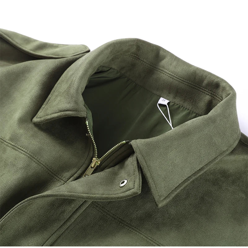 Autumn Women's Green Suede Short Jacket Loose Lapel Zipper Long Sleeve Bomber Coat Female 2025 New Lady High Street Outwears