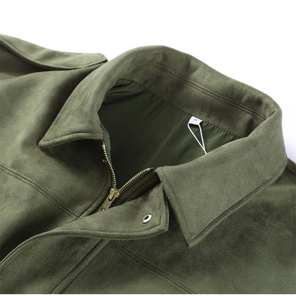 Autumn Women's Green Suede Short Jacket Loose Lapel Zipper Long Sleeve Bomber Coat Female 2025 New Lady High Street Outwears