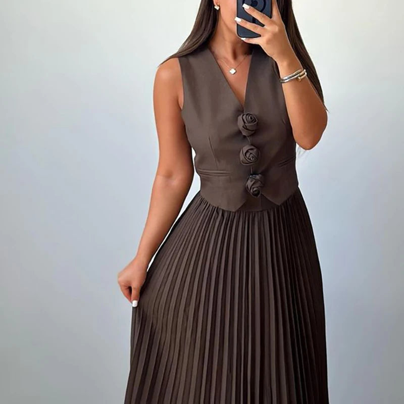 Elegant Temperament Slim Party Suit Office Simple Solid Color Pleated Outfits Ladies Sexy V Neck Rose Top and Long Skirt 2pc Set