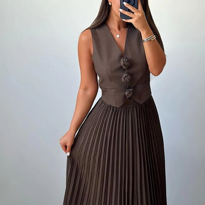 Elegant Temperament Slim Party Suit Office Simple Solid Color Pleated Outfits Ladies Sexy V Neck Rose Top and Long Skirt 2pc Set