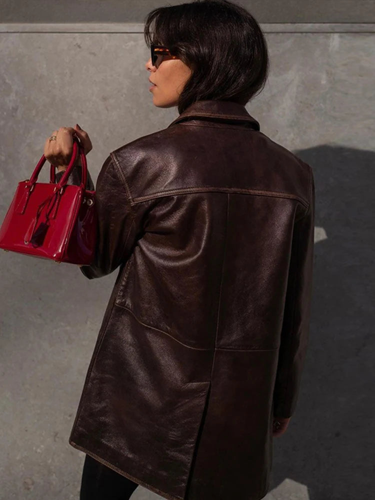 Brown Vintage Leather Jacket Lapel Breasted Pocket Women Commute Temperament Casual Suit PU Leather Coat Spring Autumn Blouse