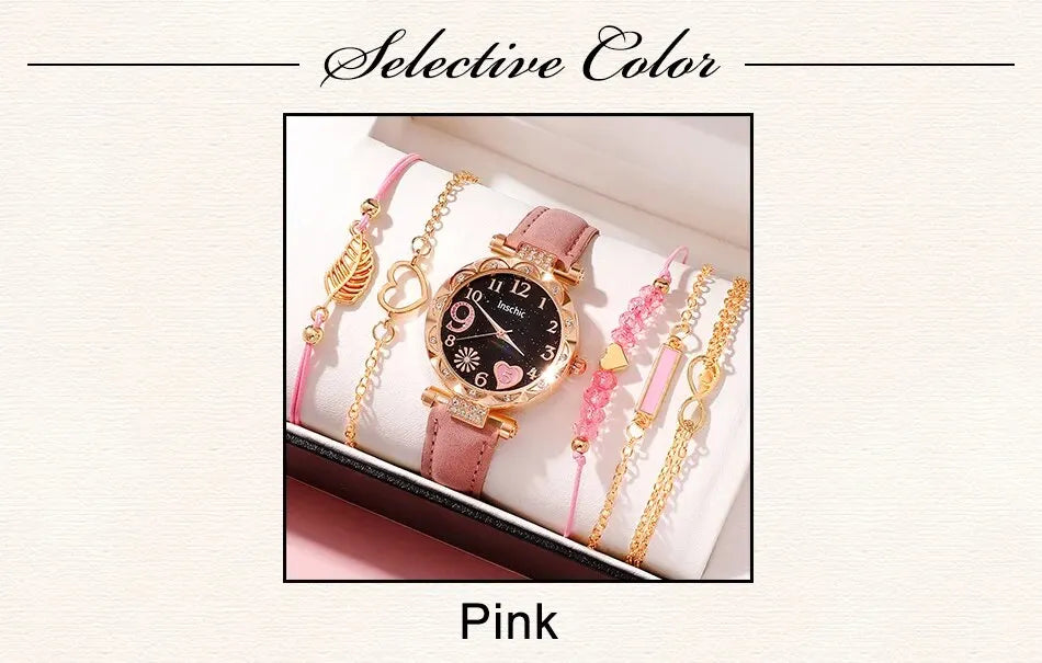 Women's Fashion Quartz Watch Luxury Pink Leather Band Analog WristWatch Ladies Watch Women Dress Bracelet Set Reloj Mujer Clock