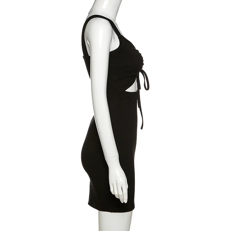 Summer Sexy Mini Dress Women Sleeveless Strap Streetwear Backless Folds Bodycon Black Dress Party Elegant A-LINE Dresses