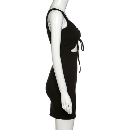Summer Sexy Mini Dress Women Sleeveless Strap Streetwear Backless Folds Bodycon Black Dress Party Elegant A-LINE Dresses