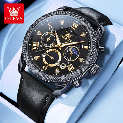 OLEVS 3660 Moon Phase Chronograph Luminous Men's Watches Leather Strap Waterproof Original Quartz Watch for Man Brand Wristwatch