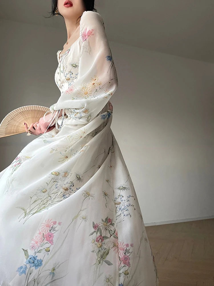 Vintage Floral Midi Dress Women Elegant Party Square Collar Dresses Summer Beach Fairy Korean Long Sleeve Bodycon Vestidos New