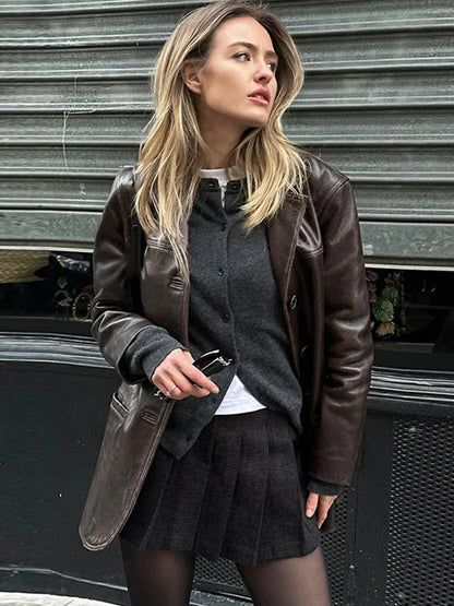 Brown Vintage Leather Jacket Lapel Breasted Pocket Women Commute Temperament Casual Suit PU Leather Coat Spring Autumn Blouse