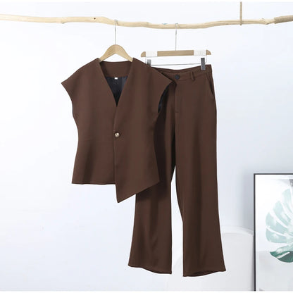 Casual Women's Trouser Suit Single Button Blazer High Waist Wide Leg Pants Lady Suits 2025 Spring Summer 2 Pieces Set Women