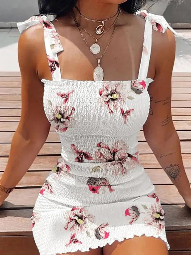 Summer Sexy Bodycon Package Hips Wrap Dress Women Casual Sleeveless Lace-up Fashion Floral Mini Dress Woman Skinny Sundress