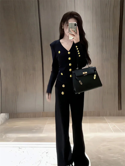 Autumn Winter Luxury Women Suits Fashion V Neck Golden Buttons Elegant Cardigan Coats + Knitted Wide Leg Pants 2-piece Set Q891