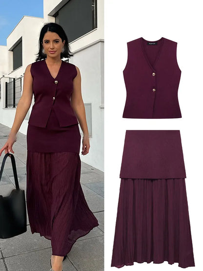 HH Women 2 Piece Skirt Set Elegant V-Neck Sleeveless Button Knitted Vest Top+Splicing High Waist Zipper Ankle-Length Skirts