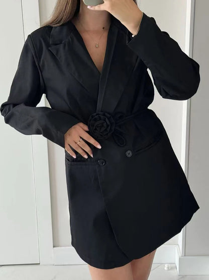 FSMG Fashion 3D Flower Belt Loose With Pockets Long Sleeve Coat Elegant Notch Collar Single Button Blazers Casual Office Jacket