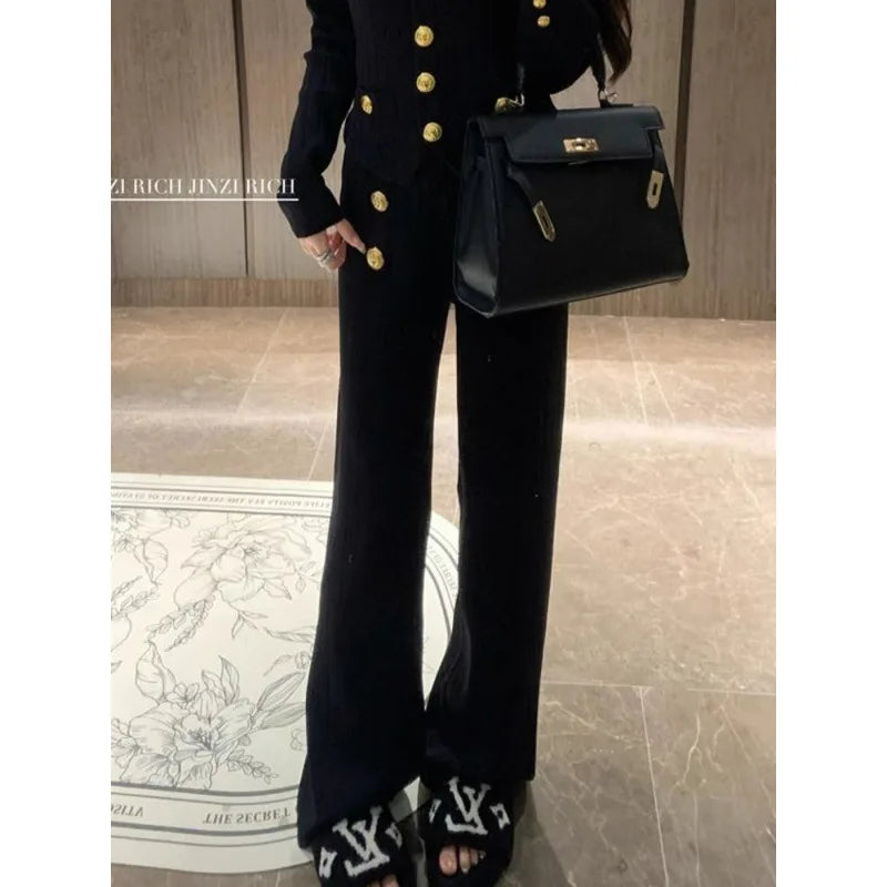 Autumn Winter Luxury Women Suits Fashion V Neck Golden Buttons Elegant Cardigan Coats + Knitted Wide Leg Pants 2-piece Set Q891