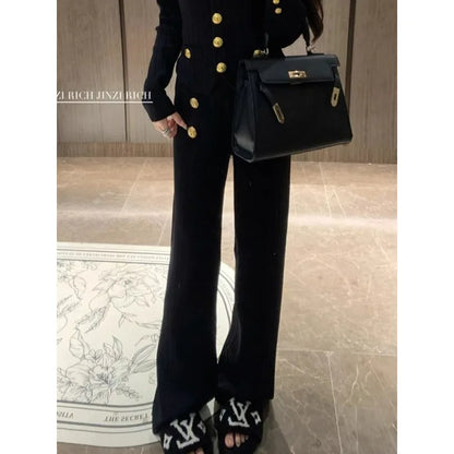 Autumn Winter Luxury Women Suits Fashion V Neck Golden Buttons Elegant Cardigan Coats + Knitted Wide Leg Pants 2-piece Set Q891