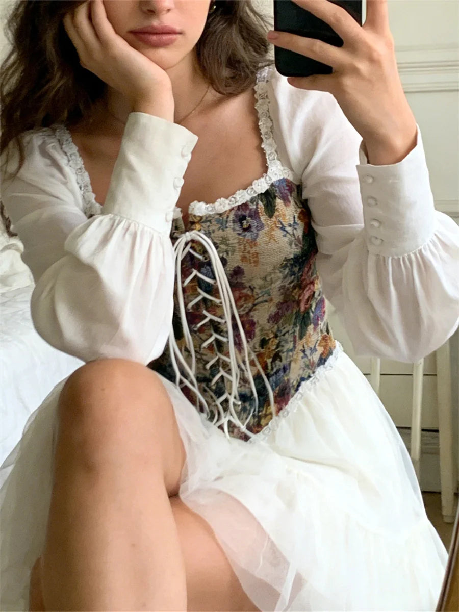 Women Retro Jacquard Corset Lace Floral Trim Bandage Bustier Crop Tops Boat Neck Irregular Camisole Tank Tops Female