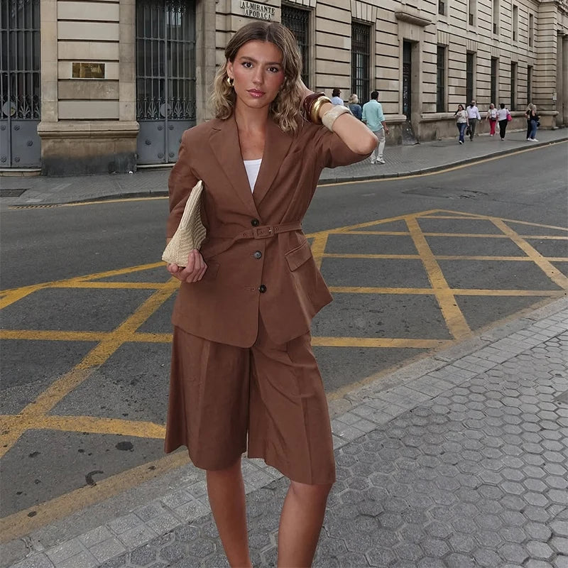 Cotton Linen Belt Blazer Shorts Sets Women Loose Lapel Half Sleeve Jackets Wide Leg Short Pants 2025 Summer Lady Street Outfits