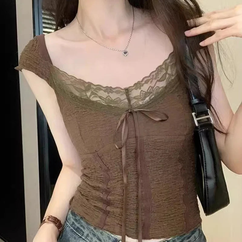 Lamuusaa Coquette Crop Top y2k Clothes Women Solid Color Lace Trim V Neck Cap Sleeve Backless T Shirt with Bow Decor Streetwear