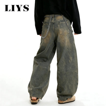 American Retro Baggy Wide Leg Jeans Men's Korea Streetwear Distressed y2k Clothing Casual Daily Four Seasons Denim Pants Unisex