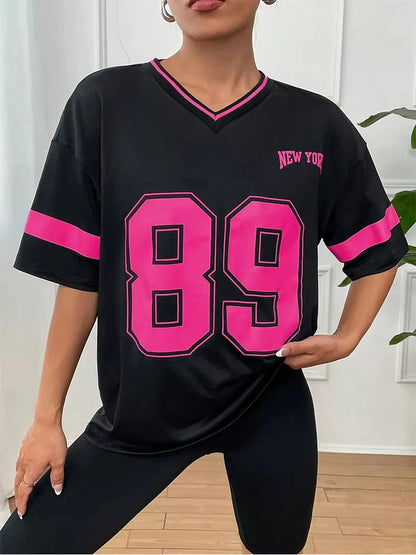 Summer Women T-shirts Number 89 Short Sleeve Trend 3D Print V-neck Sport Tees Streetwear Oversized Casual Fashion Female Top