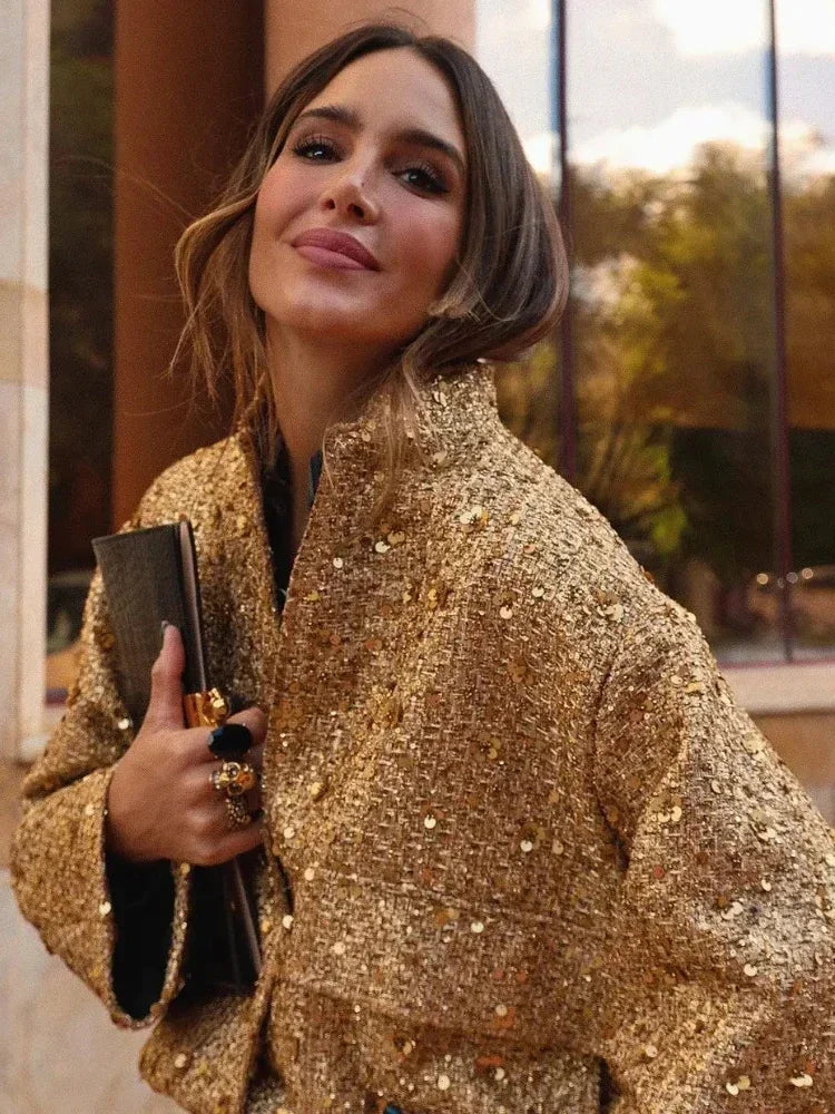 Suninheart Winter Women's Sequins Bomber Jacket Paillette Shiny Gold Jacket Coat Glitter Outerwear Lady New in Coats & Jackets