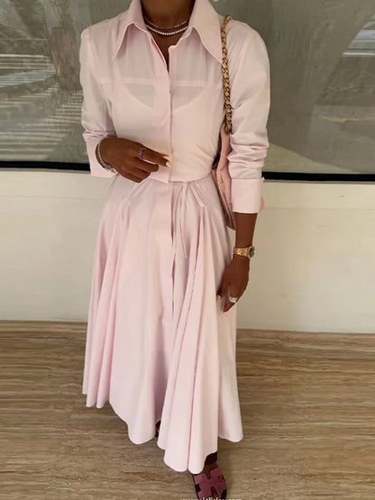 Women's Casual Pleated Skirts Set Two-piece Fashion Lapel Full Sleeve Button Top & Maxi Dress Lady 2025 Spring Street Outfits