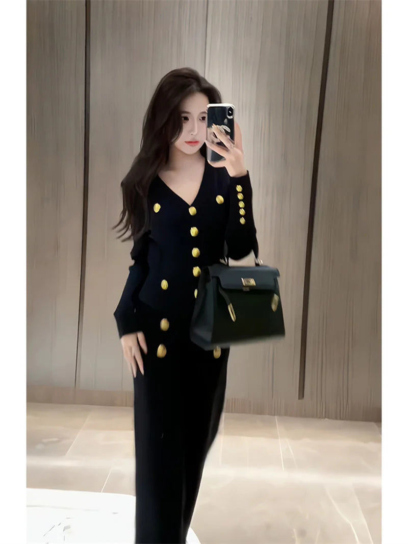 Autumn Winter Luxury Women Suits Fashion V Neck Golden Buttons Elegant Cardigan Coats + Knitted Wide Leg Pants 2-piece Set Q891