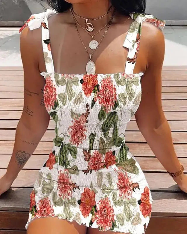 Summer Sexy Bodycon Package Hips Wrap Dress Women Casual Sleeveless Lace-up Fashion Floral Mini Dress Woman Skinny Sundress