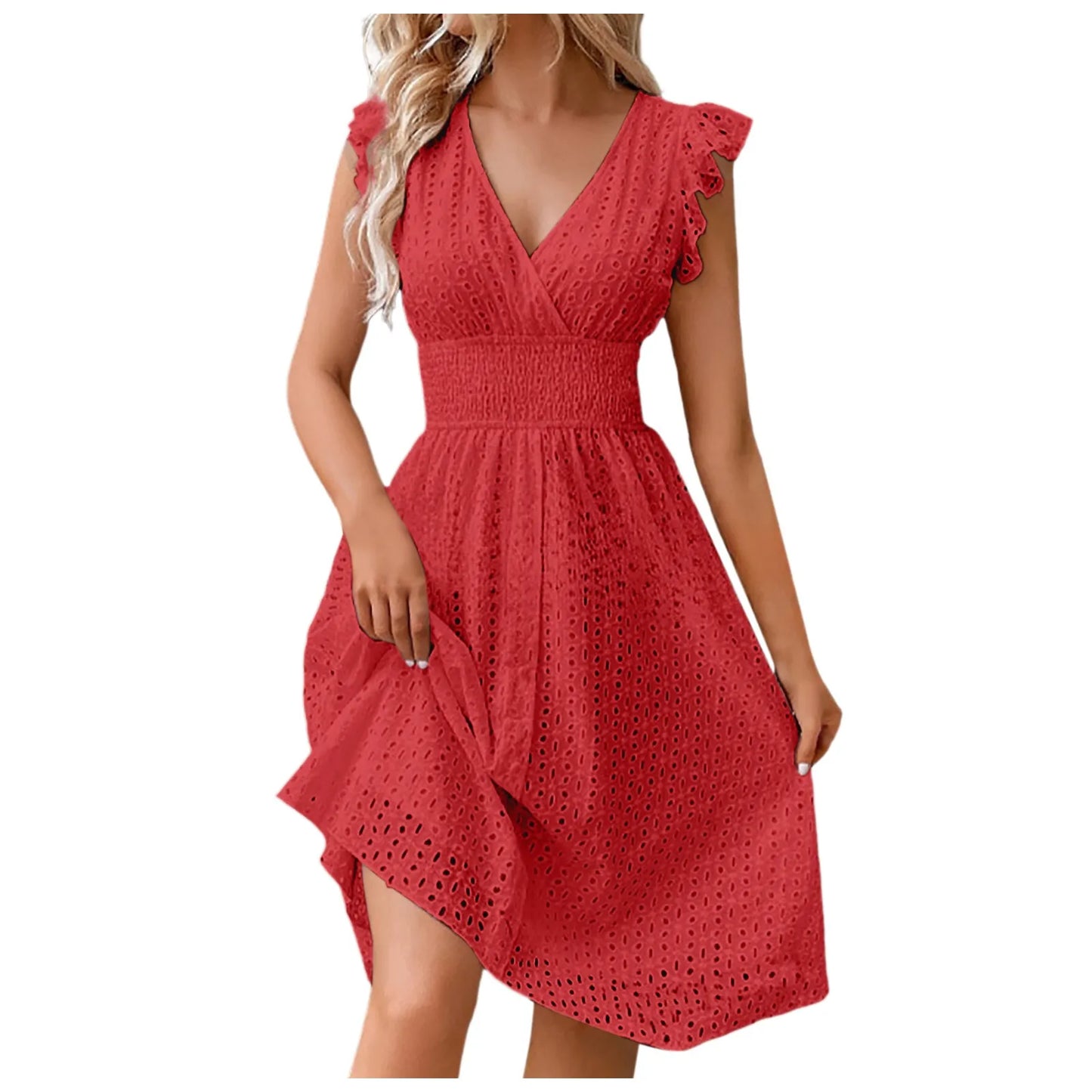 Summer Womens Vacation Short Dress Sexy V Neck Flare Sleeve Solid Color Hollow Lace Waist Dress Casual Beach Holiday Dresses