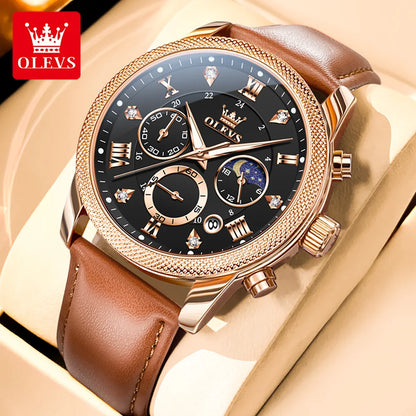 OLEVS 3660 Moon Phase Chronograph Luminous Men's Watches Leather Strap Waterproof Original Quartz Watch for Man Brand Wristwatch