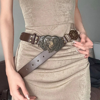 Vintage Bohemian style carved wide belt with heart-shaped buckle and rivet details, versatile pants belt suitable for daily