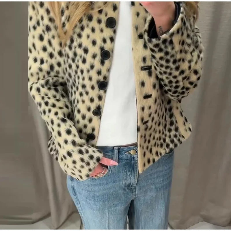 Leopard Print Cropped Jacket Round Neck Long Sleeve Button Front 2026 Spring Edgy Women Outerwear Fashion Chic Street Lady Coats