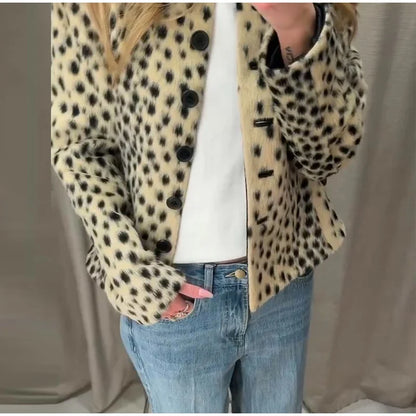 Leopard Print Cropped Jacket Round Neck Long Sleeve Button Front 2026 Spring Edgy Women Outerwear Fashion Chic Street Lady Coats