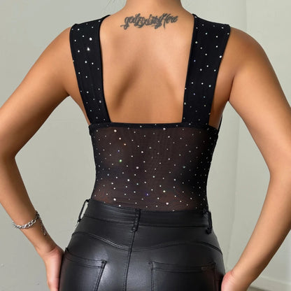 Women's Jumpsuit 2025 Summer Sexy Hot Girl Nightclub Party Sequins Perspective Thin Cross Skinny Backless Fashion Bodysuits Y2K