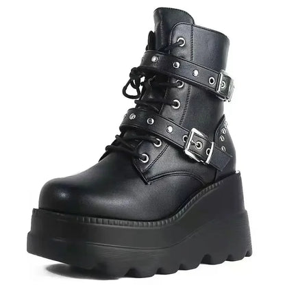 New Women Pu Leather Ankle Booties Woman Autumn Winter Round Toe Lace Up Shoes Woman Motorcycle Platform Gothic Boots Cosplay