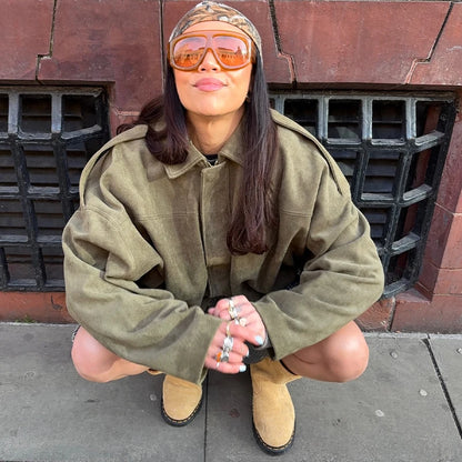 Autumn Women's Green Suede Short Jacket Loose Lapel Zipper Long Sleeve Bomber Coat Female 2025 New Lady High Street Outwears
