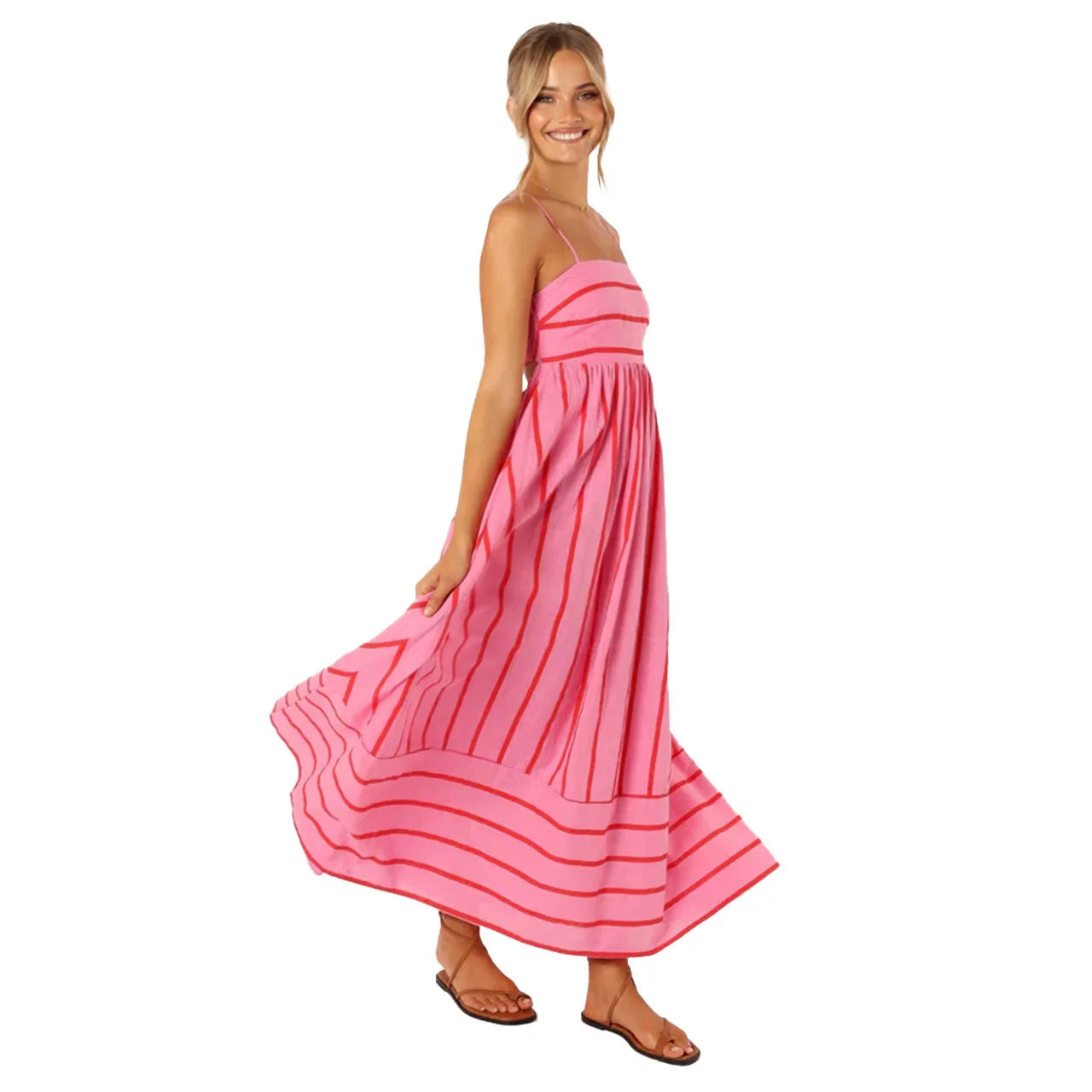 Fashion Stripe Slip Maxi Dress Women 2024 New Elegant Sleeveless Slash Neck Suspender Beach Dress Females Holiday Party Vestidos