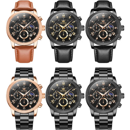 OLEVS 3660 Moon Phase Chronograph Luminous Men's Watches Leather Strap Waterproof Original Quartz Watch for Man Brand Wristwatch