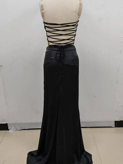 2024 New Arrival Women Gold Color Sexy Laced-up Tops 2 Pieces Bodycon Floor-Length Dress Celebrate Evening Party Prom Dress