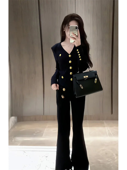 Autumn Winter Luxury Women Suits Fashion V Neck Golden Buttons Elegant Cardigan Coats + Knitted Wide Leg Pants 2-piece Set Q891