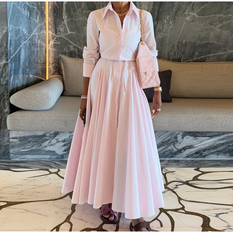 Women's Casual Pleated Skirts Set Two-piece Fashion Lapel Full Sleeve Button Top & Maxi Dress Lady 2025 Spring Street Outfits
