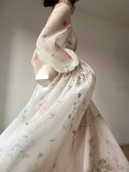 Vintage Floral Midi Dress Women Elegant Party Square Collar Dresses Summer Beach Fairy Korean Long Sleeve Bodycon Vestidos New