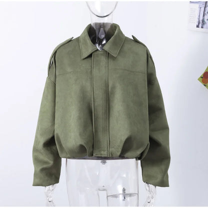 Autumn Women's Green Suede Short Jacket Loose Lapel Zipper Long Sleeve Bomber Coat Female 2025 New Lady High Street Outwears