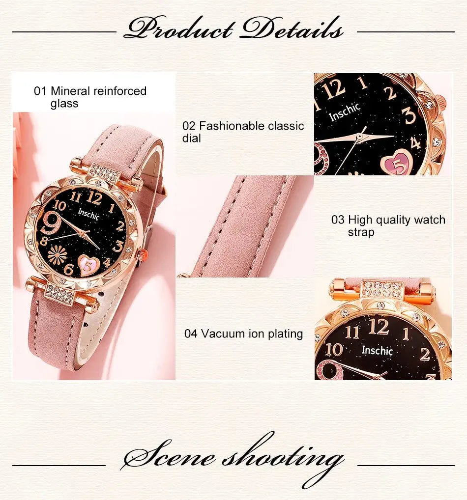 Women's Fashion Quartz Watch Luxury Pink Leather Band Analog WristWatch Ladies Watch Women Dress Bracelet Set Reloj Mujer Clock