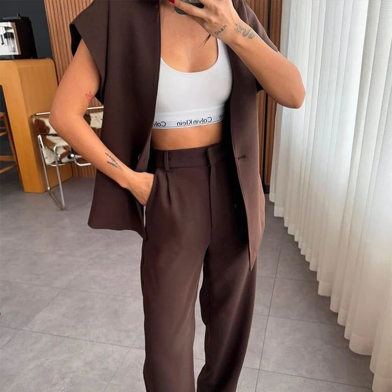 Casual Women's Trouser Suit Single Button Blazer High Waist Wide Leg Pants Lady Suits 2025 Spring Summer 2 Pieces Set Women