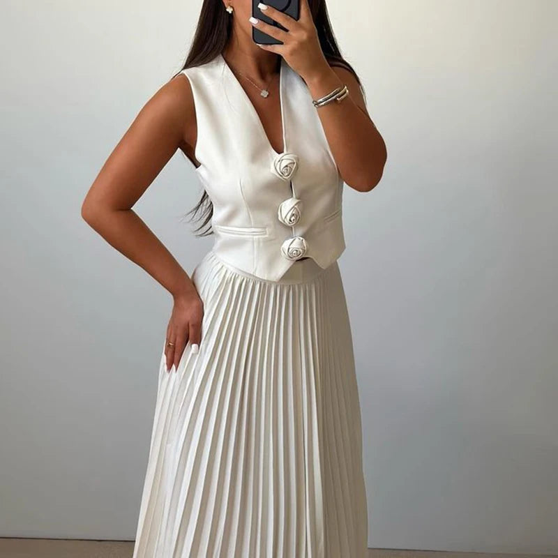 Elegant Temperament Slim Party Suit Office Simple Solid Color Pleated Outfits Ladies Sexy V Neck Rose Top and Long Skirt 2pc Set