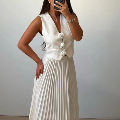 Elegant Temperament Slim Party Suit Office Simple Solid Color Pleated Outfits Ladies Sexy V Neck Rose Top and Long Skirt 2pc Set