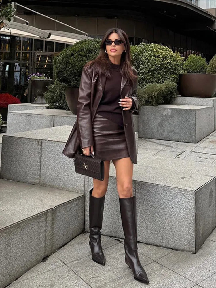 Brown Vintage Leather Jacket Lapel Breasted Pocket Women Commute Temperament Casual Suit PU Leather Coat Spring Autumn Blouse