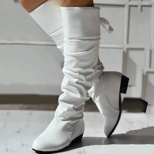 Womens Fashion Leather Shoes Bow Tie Thick Heel Long Boots Socks For Women Knee High Boots British Style 2024 Winter Flat Shoes